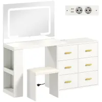 HOMCOM Toaletă cu oglindă și taburet, masă de machiaj cu iluminare LED reglabilă, 6 sertare, 118 x 78 x 135 cm, alb | Aosom Romania