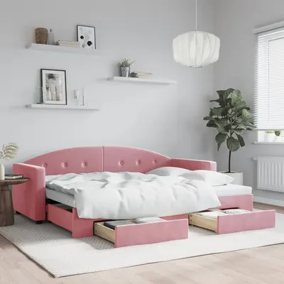 Gossi pat de zi cu extensie si sertare, roz, 80x200 cm, catifea