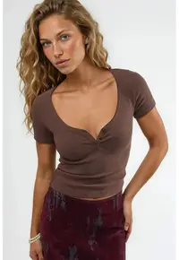 Tricou dama - Bumbac/Elastan - Maro - Decolteu in V
