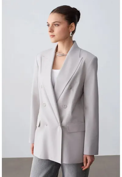 Sacou lung gri deschis - buton - poliester-viscoza-elastan - pentru femei