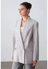 Sacou lung gri deschis - buton - poliester-viscoza-elastan - pentru femei