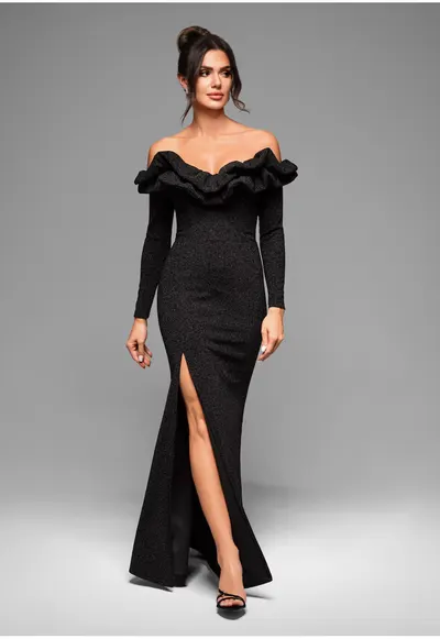 Rochie de seara Midi LACRICA LA-OM-DLR002 - Cu crapatura laterala - Negru