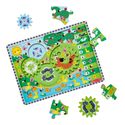 Puzzle din lemn cu rotite dintate pentru invatarea numararii prin joaca Animale vesele