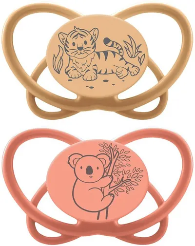 Suzetă pentru bebeluși NIP Green - My Butterfly, 5-18 luni, 2 bucăți, tigru/koala