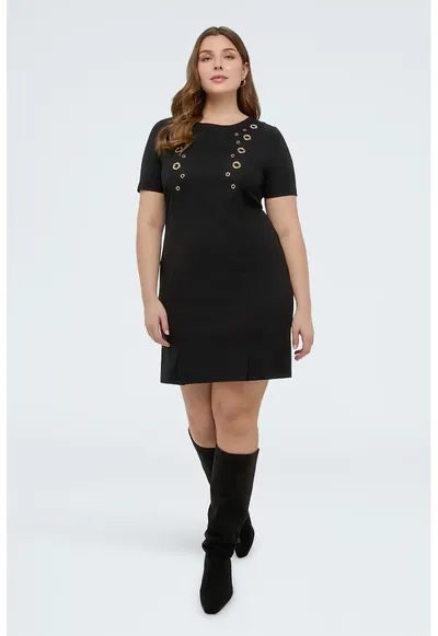 Rochie cu maneci scurte si detalii metalice - Auriu/Negru