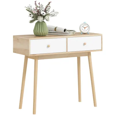 HOMCOM Masă de consolă cu 2 sertare și picioare din lemn, pentru living, intrare, hol, 86 x 35 x 75 cm, stejar și alb | Aosom Romania