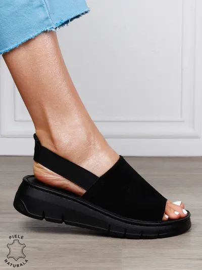 Sandale Damă din Piele Naturală Intoarsa cu Design Modern și Bareta Elastică CRL1805 NEGRU