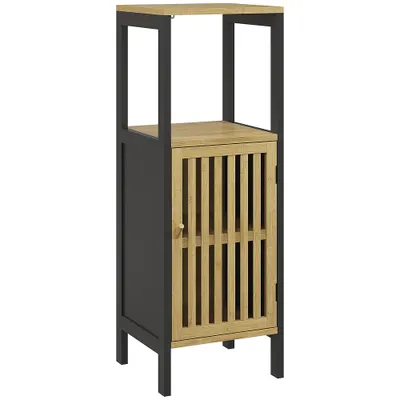 HOMCOM Dulap de Depozitare Îngust, Dulap de Baie Mic din Bambus cu Compartiment Deschis și Raft Reglabil, 32x30x90.5 cm, Negru | Aosom Romania
