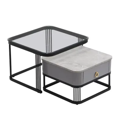 Set de 2 Măsuțe de Cafea Suprapozabile cu Blat din Marmură Lucioasă și Sticlă, Structură din Metal și Sertare, 60x60x42 cm + 50x50x34 cm, Negru