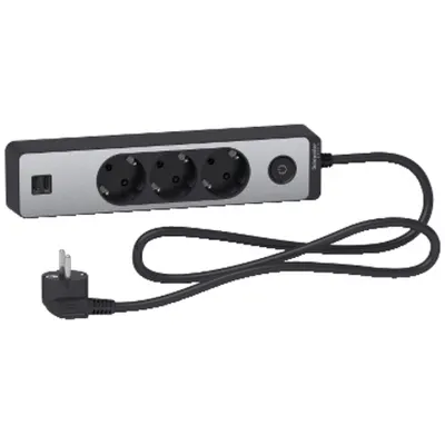 Prelungitor Unica 2P+E, 3 premii + 2 USB + intrerupator, 1.5m, antracit/aluminiu