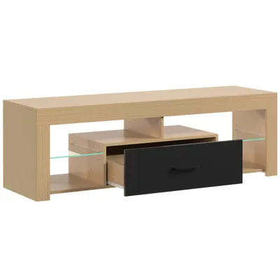 HOMCOM Comodă TV 140 cm, mobilier pentru televizor până la 165,1 cm cu rafturi din sticlă reglabile, sertar și compartimente deschise, stejar | Aosom Romania