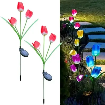Set 2 Lampi Solare Decorative Tip Lalele Rosii cu LED M374-23, 70cm, Lumina Eleganta, Design Elegant si Functionare Automata