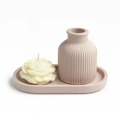 Set tavă ovală, vază și lumânare bujor din ceramică jesmonite – în cutie cadou - Marmorată verde