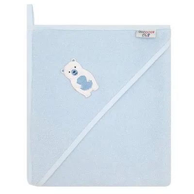 Prosop de baie pentru copii Bocioland Blue Polar bear 100x100 cm,din bumbac 100, prevazut cu capison decorat cu broderie vesela
