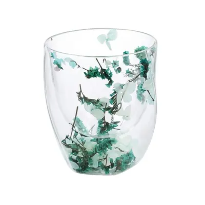 Pahar cu inserție de flori uscate verzi, hortensie și limonium, pereți dubli, sticlă borosilicată, 250 ml, Aurora Bloom