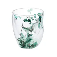 Pahar cu inserție de flori uscate verzi, hortensie și limonium, pereți dubli, sticlă borosilicată, 250 ml, Aurora Bloom