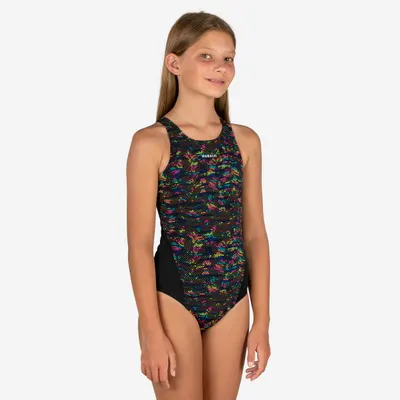 Costum de baie întreg înot 500 Kamiye Fire Negru-Galben Fete Adolescente