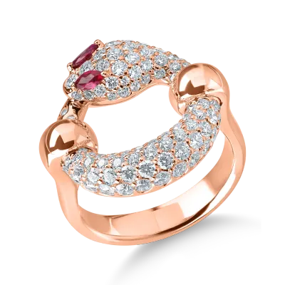 Inel sarpe din aur roz cu rubine marquise de 0.1ct si diamante de 1.3ct