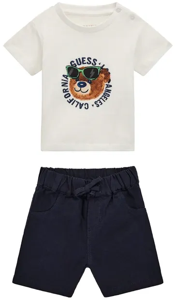 Set de 2 piese Guess - Tricou cu ursuleț maro și pantaloni, alb, 18 luni
