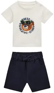 Set de 2 piese Guess - Tricou cu ursuleț maro și pantaloni, alb, 18 luni