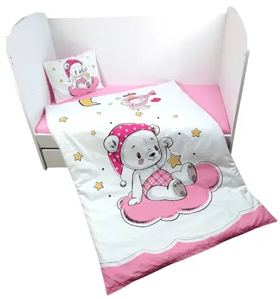 Set de pat pentru bebeluși Rainy - 5 piese, Ursuleț roz, 60 x 120 cm