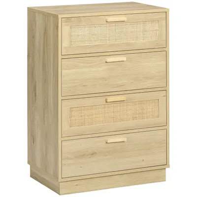 HOMCOM Comoda design boem din ratan cu 4 sertare, mobilier de depozitare pentru living, hol, intrare, lemn natural | Aosom Romania