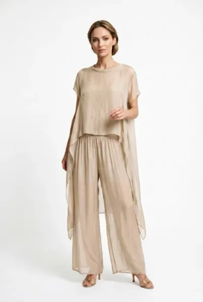 Pantaloni palazzo dama eleganti, largi, din matase si vascoza cu dublura, bej
