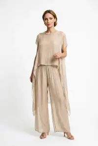 Pantaloni palazzo dama eleganti, largi, din matase si vascoza cu dublura, bej