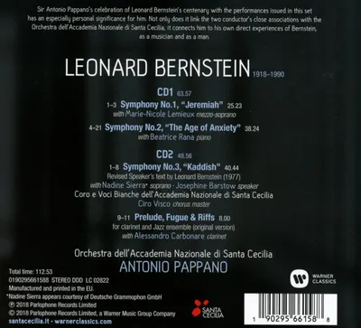 Bernstein: The 3 Symphonies | Marie-Nicole Lemieux, Beatrice Rana, Nadine Sierra, Josephine Barstow, Coro E Voci Bianche Dell'Accademia Nazionale Di Santa Cecilia, Antonio Pappano, Orchestra dell'Accademia Nazionale di Santa Cecilia