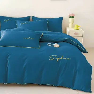Lenjerie pat dublu, Finet Soft Touch cu Broderie, 6 piese, Albastru
