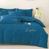 Lenjerie pat dublu, Finet Soft Touch cu Broderie, 6 piese, Albastru