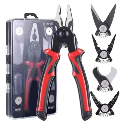 Clește multifuncțional 5 în 1 cu capete interschimbabile, Patent, Taietor Cablu, Dezizolator, Cleste Sertizare, Foarfeca de tabla, cap interschimbabil, maner ergonomic, izolat electric