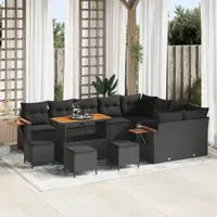 Set canapea gradina Gossi 13 piese cu perne negru rattan poliratan acacia, set dining gradina Gossi 4 piese cu perne negru rattan poliratan acacia