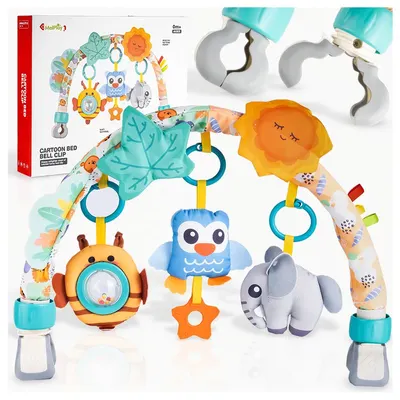 Arcada cu jucarii suspendate pentru carucior copii Malplay Blue Owl, culori intense, sunete si texturi variate, dimensiune 53 x 33 x 5 cm