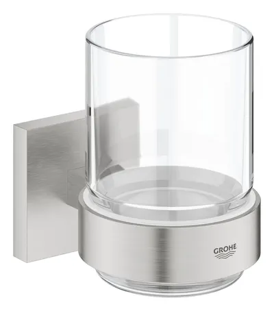 Pahar baie Grohe Start Cube, pe perete, metal/sticla, mat, otel satinat, 41097DC0