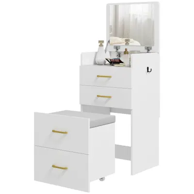 HOMCOM Masuta de Toaleta 3-in-1 cu Oglinda, Masuta de Noapte, Scaun cu Rotile, Sertare, Alb | Aosom Romania