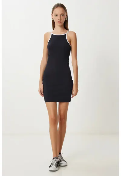 Rochie mini - Happiness Istanbul - mulata - cu dungi - neagra - bumbac-elastan