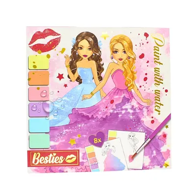 Set pictură cu apă pentru copii - Besties, 8 planșe, culori pudră, pensulă inclusă