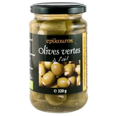 Masline Verzi Bio Umplute cu Usturoi in Saramura, Epikouros, 320 g