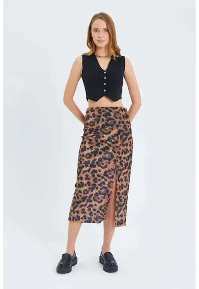 Fusta Midi cu Imprimeu Leopard - Maro