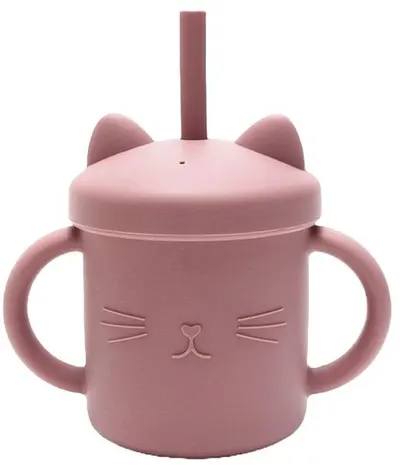 Cană din silicon cu mânere și paie Lorelli - Natural, Deep Pink