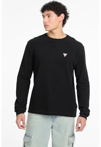 Bluza cu decolteu la baza gatului si aplicatie logo - Negru