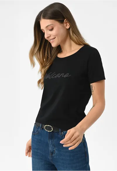 Tricou dama din bumbac cu inscriptie cauciucata pe piept - cu strasuri - Regular Fit - maneca scurta - T-Parsley - negru - Negru