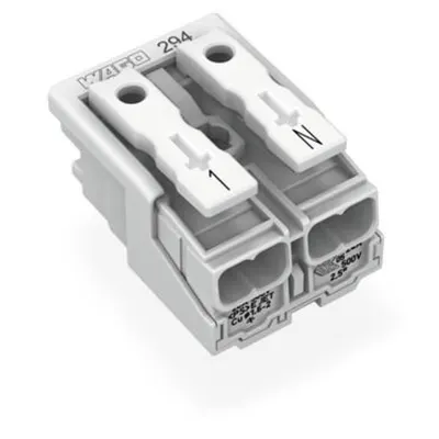 Lighting connector; push-button, external; without ground contact; 2-pole; Lighting side: for solid conductors; Inst. side: for all conductor types; max. 2.5 mm²; Surrounding air temperature: max 85°C (T85); 2,50 mm²; white