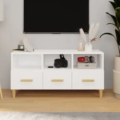 vidaXL Comodă TV, alb extralucios, 102x36x50 cm, lemn prelucrat