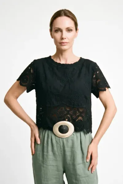 Bluza din dantela de bumbac brodata, stil boho elegant