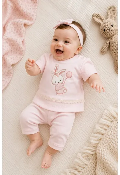Compleu bebe roz din bumbac cu iepuras brodat si pantaloni 2 piese