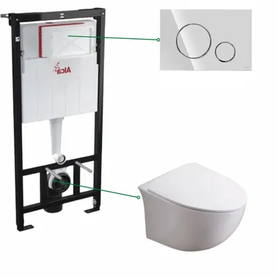 Set vas wc suspendat rimless cu capac soft close Foglia Alice, rezervor incastrat si clapeta crom lucios Cersanit