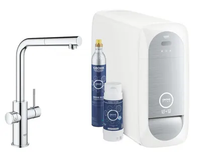 Baterie de bucatarie Grohe Blue Home 31539000, 3/8 inch, tip L, pipa inalta, filtrare, racire, apa carbogazoasa, dus extractabil, Crom
