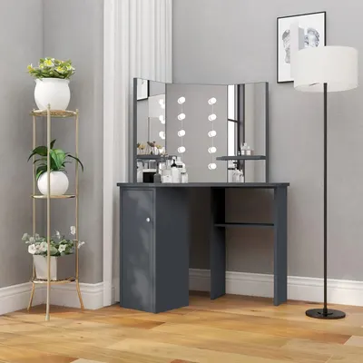 vidaXL Masă de toaletă de colț, cu LED, gri, 111x54x141,5 cm